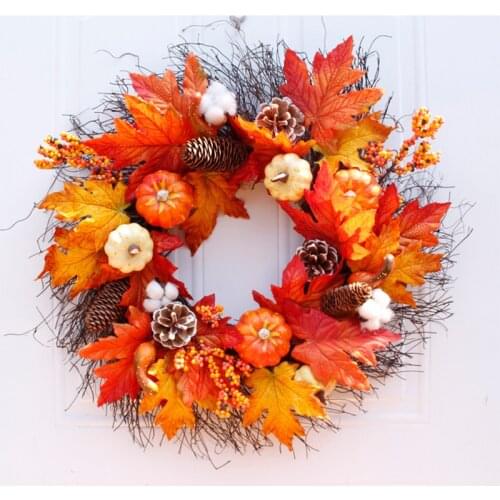 Artificial Pumpkin Wreath Autumn maple leaves Door Wreath Door Wall Ornament Garland Fake Pumpkin for Halloween Party Decoration