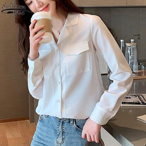 Womens White Shirt Cardigan Ropa De Mujer 2021 Autumn New Korean OL Suit Collar Ladies Tops Long Sleeve Chiffon Blouse 10696