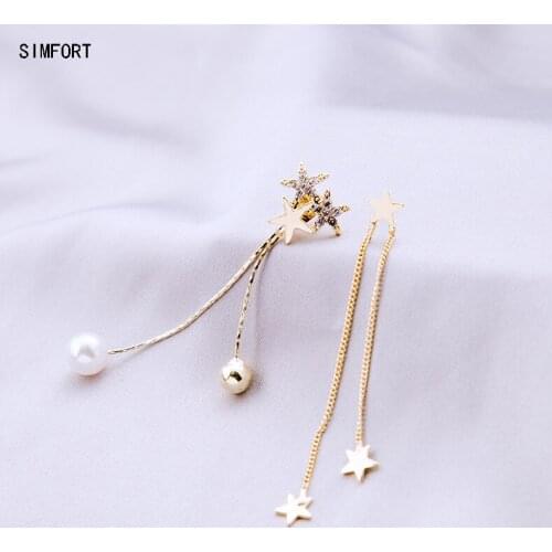 Womens 925 Silver Pin AB Long Asymmetry Earring Tassel Pearl Elegant Fashion Personality Simple Alloy Decoration Jewelry Gift