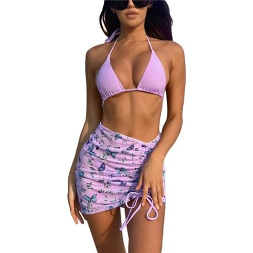Women 3pcs Swimsuit Set Butterfly Print Halter Bikini Drawstring Design Summer Beach Skirts Women Bikini 2021