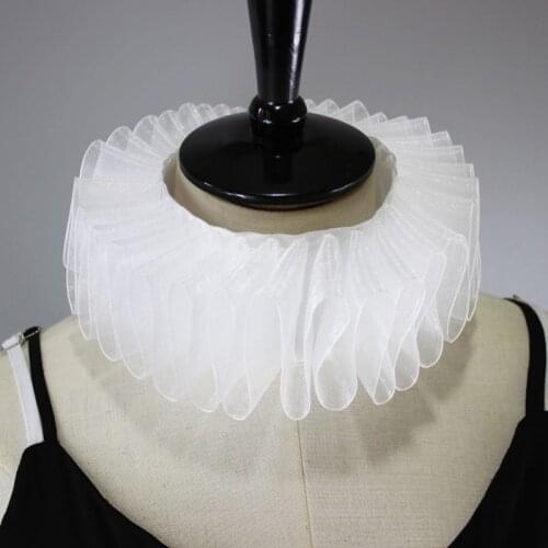 Q1FA Womens Renaissance Elizabethan Ruffled Fake Collar Chiffon White Clown Neck Ruff Victorian Halloween Cosplay Costume