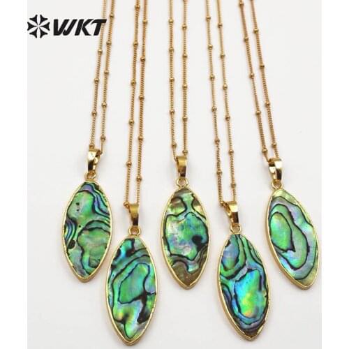 WT-JN030 WKT wholesale 10pcs/lot women natural abalone shell necklaces leaf shape with gold metal plated 18 inch link chains