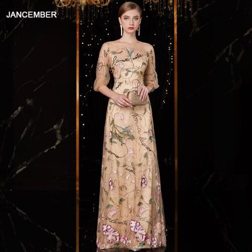 J1820 jancember a line evening dress o-neck three quarter sleeve appliques lace gold mother of the bride dresses вечернии платья