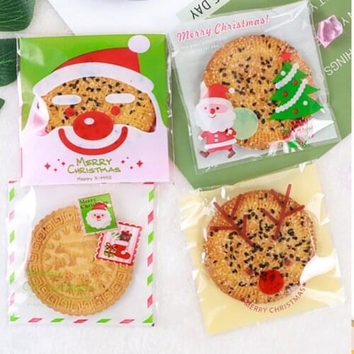 100Pcs Christmas Candy Bag Clear Self-adhesive Small Plastic Bags Cookie Buscuit Nut Chocolate Packaging Gift Bag Happy New Year