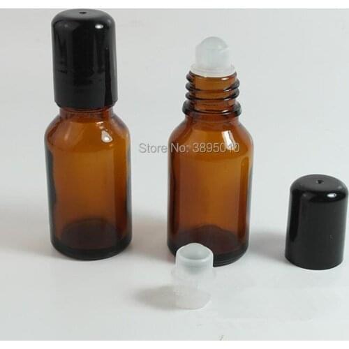 15ml Amber Glass Roll on Bottle Vials with stainless steel and glasss roller ball black cap lid for perfume essential oil F525