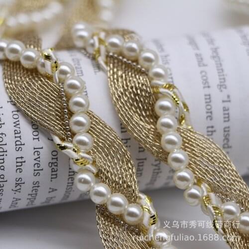2Yards Gold Silk Pearl Wavy DIY Wedding Dress Lace Trim Knitting Embroidered Handmade Patchwork Beaded Ribbon Sewing Craft 2.5CM