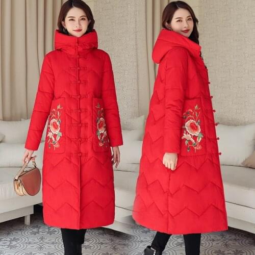 2019 Womens jacket with hood warm Down cotton clothing coat New Classic coat Leisure embroidery long Cotton coats Womens coats