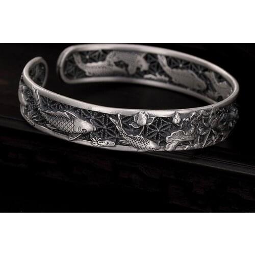 Real Pure 100% S999 Sterling Silver colour Bangles Carved Fish and Lotus Hollow Design Cuff Bracelets Women Luxury Jewelry gift