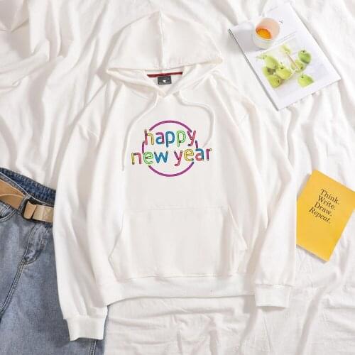 Happy New Year Letter Print Hoodie Harajuku Graphic Sweatshirt Oversized Cotton Hoodies Pullovers Plus Size Autumn Spring Hoody