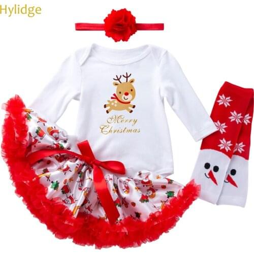 Hylidge 4PCS/set Newborn Christmas Dress My First Christmas Girl Baby Bodysuit Skirt Leg Warmers Headband Set Toddler Girl Christmas Dresses Baby Suit