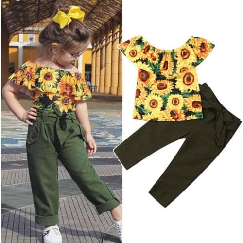 2-7T 2pcs Set Girls Clothes Set Yellow Sunflower Shirt For Girls Set Dark Green Long Pants Girls Sets Clothing Children Outfits