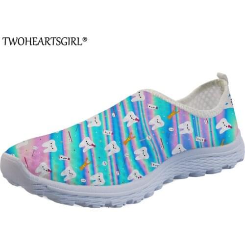 Twoheartsgirl Flats Shoes for Women Nurse Work Sneaker Lightweight Blue Funny Tooth Pattern Air Mesh Sneakers Mujer Zapatos