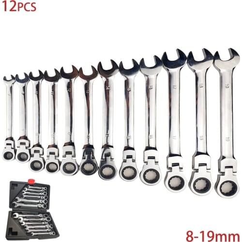 12 Pcs Flexible Combination Ratchet Wrench Gear Repair Set Hand Tools for Auto Torque Wrench Flexible Pivoting Head Spanner Set