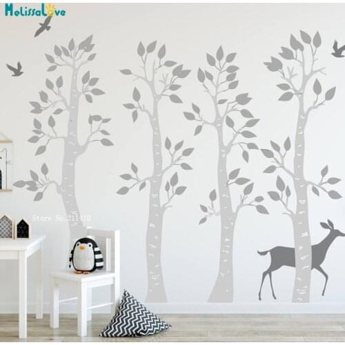 Forest Tree Wall Srickers With Deers And Birds Decals For Nursery Removable Kids Room Murals DIY YT4470