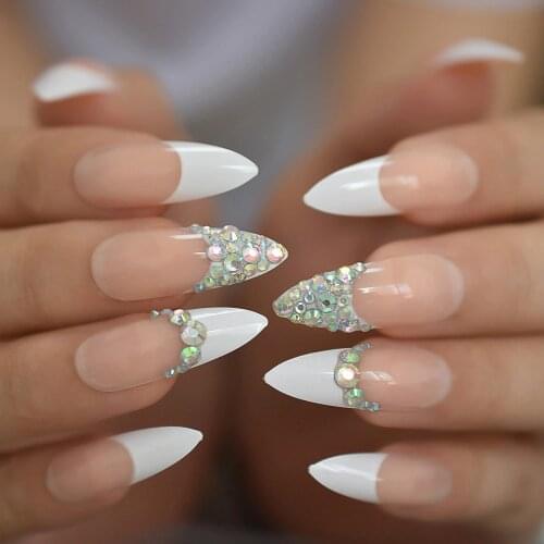 Sharp Artificial French Nail Tips Pre-designed Nude 3D Long Full Cover Rhinestone Adult Artificial Fake Nails With Glue