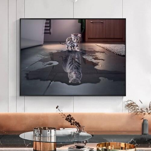 Cartoon Animals Posters the Reflection of a Cat is Like a Tiger Wall Art Painting Prints on Canvas Pictures Home Kids Room Decor