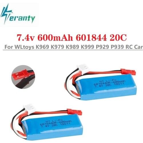 Full capacity 7.4V 600mAh 601844 20C Lipo Battery for WLtoys K969 K979 K989 K999 P929 P939 2s 7.4v RC Battery Car Parts 2Pcs/Set