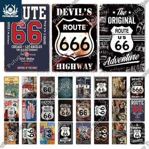 Putuo Decor Route 66 Vintage Metal Tin Sign Plaque Metal Vintage Retro Garage Wall Decor for Bar Pub Club Man Cave Gas Station