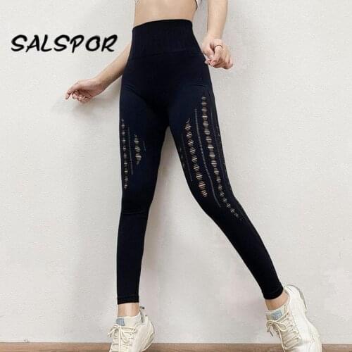 SALSPOR Seamles Mesh Leggings Women Fitness Sport Gym Legging Booty Lifting Female High Waist Tights Pants Elastic Black