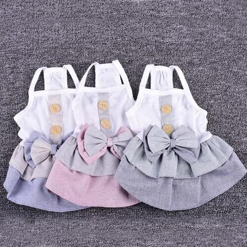 Three Colors Summer Dog Dress Pet Clothes Cute Sleeveless Bow Button Decoration College Style Dog Skirt Cat Apparel Pet Products