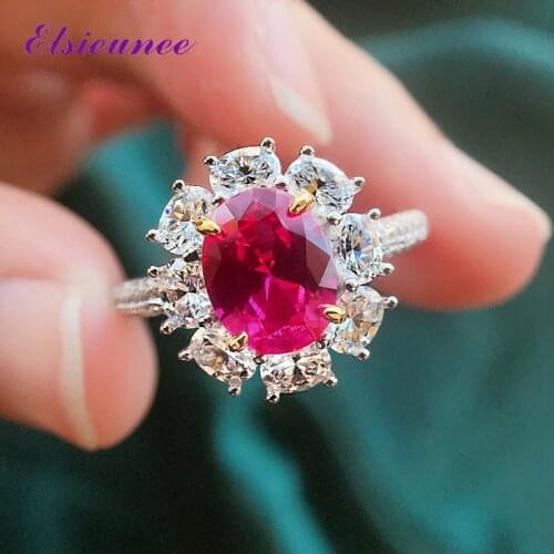 ELSIEUNEE Vintage 100% 925 Sterling Silver Oval Cut Ruby Created Moissanite Diamond Engagement Ring Fashion Girls Fine Jewelry