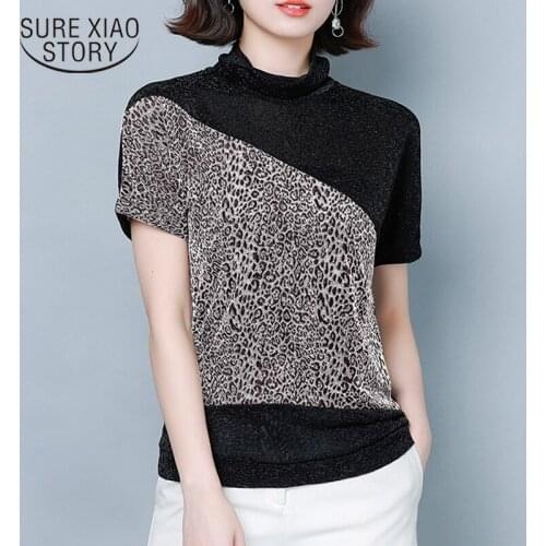 Spring New High Collar Bat Sleeve Bright Silk Bottoming Shirt Womens Fashion Style European Leopard Print Spliced Shirt 12852