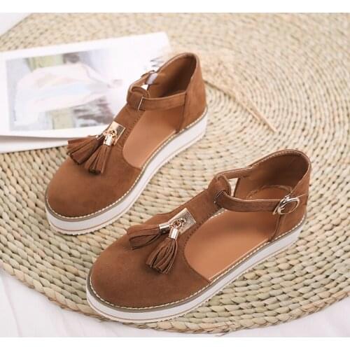 Women Summer Light Weight T-Bar Thick Bottom Flatform Dress Sandals with Closed Toe Cutout Side and Tassel Deco In Soft Suede