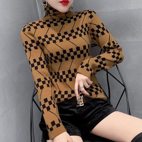 Khaki Turtleneck Ladies Sweater, Autumn Check Striped Purple Pullover,Long Sleeve Retro Korean Fashion Ladies pull over sweater
