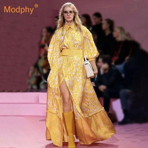 Runway Print Long Dress Elegant Women Lantern Long Sleeve Single Breasted Belt Dress 2020 Autumn New Party Holiday Clothing