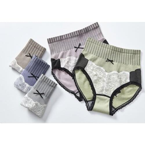 2pcs Women Soft Briefs Sexy Lace Patchwork Lingerie High Quality Womens Panties Underwear Sexy High Waist Breathable Briefs