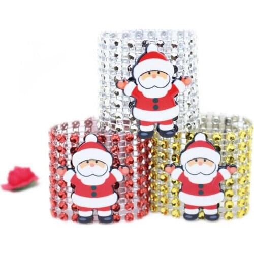 20pcs 8 Rows Christmas Santa Claus Crystals Mesh Wrap Napkin Ring Serviette Buckle Holder Wedding Party Holiday Table Decoration