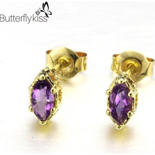 BK 9k Yellow Gold Amethyst Stud Earrings For Women Genuine Gold 585 Prong Setting Vintage Engagement Party Gifts Fine Jewelry