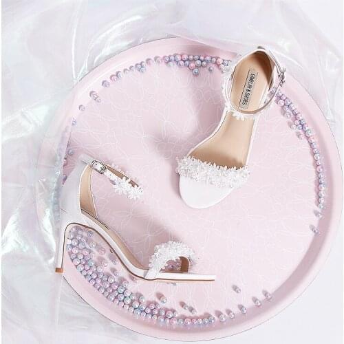 Woman Sandals Fairy sandals White Pearl cross-belt open-toed commuter style buttonlace lace wristband girls Shoes