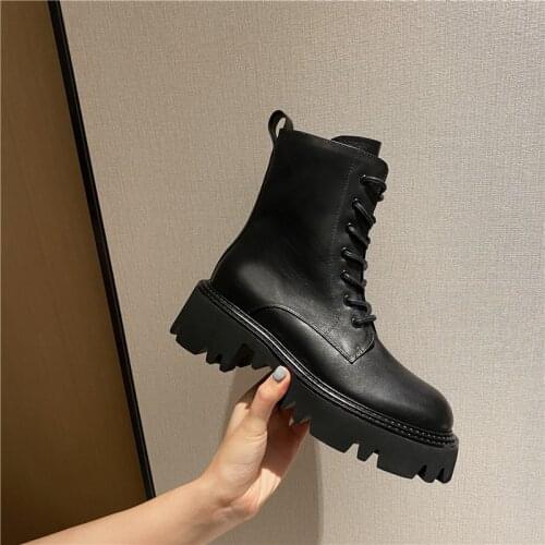 Hot Genuine Leather Round Toe Chunky Heel Women Boots Lace-up Female Boots 2021 Winter ANKLE Boots Platform Shoes Women Shoes