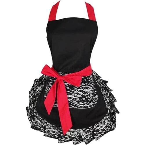 Black Lace Flirty Apron with Pocket, Fun Retro Sexy Kitchen Cooking Pinup Aprons for Women Girls