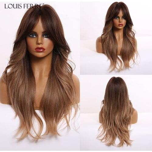 LOUIS FERRE Long Ombre Brown Golden Honey Wig With Bangs Natural Wave Cosplay Synthetic Wig for White/Black Women Heat Resistant