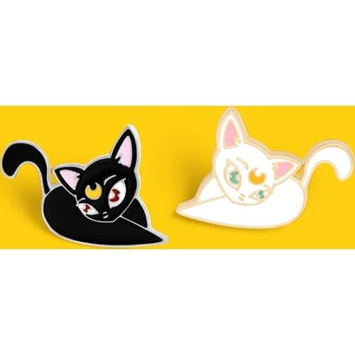 Luna Cat Pink cat ears Enamel Pin Girl Kitten Brooches Bag Lapel Pin Black White Animal Badge Jewelry Cartoon anime gift for kid