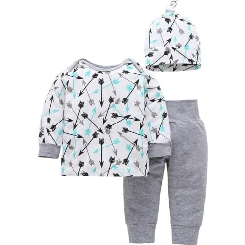 3PCS Casual Spring Autumn Girls Clothing Sets Cotton Long-Sleeved White Arrow Jumpsuit + Hat + Long PantsChild Clothes Suits