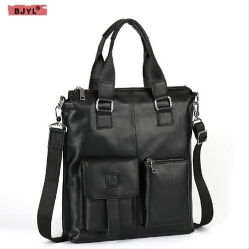BJYL Mens handbag vertical style business document head layer cowhide portable genuine leather mens shoulder messenger bag