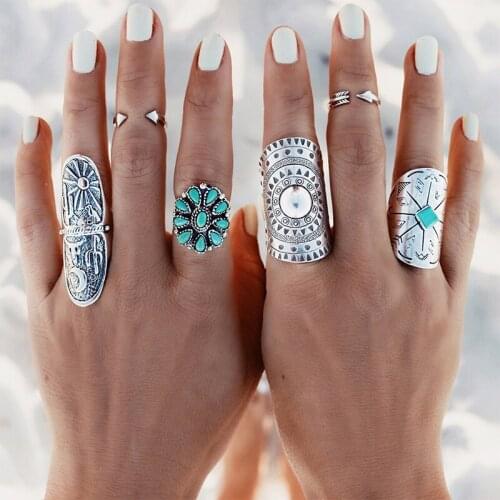 Punk Silver Plated Vintage Ring Retro Geometry Oval Midi Finger Rings Boho Jewelry for Women Girls Gift