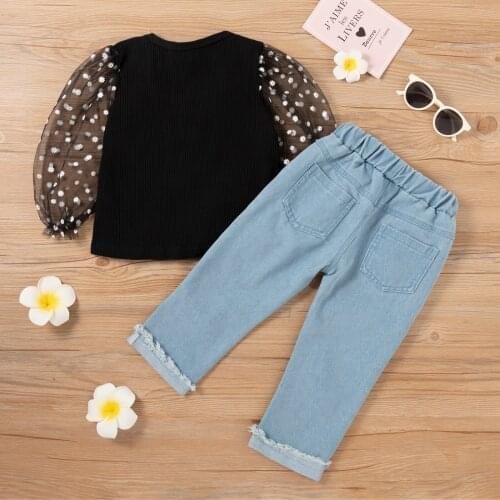2 Pcs Infant Casual Outfits, Girls Ribbed Flower Print Mesh Sleeve Round Neck Pullover + Beaded Ripped Jeans With Pockets 1-6T