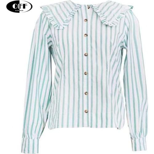 Fashion Shirts Women Striped Spring Autumn Korean Chic Casual Ruffles Peter Pan Collar Mujer Blouses Elegant Womens Tops Femme