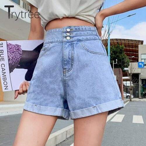 Trytree 2021 Summer Casual Woman Shorts Solid Buttons Fly Zipper High Waist Pockets Loose Wide Leg Denim Shorts Sky Blue Jeans