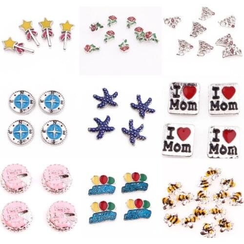 20Pcs/Lot Cute Alloy Starfish Crown Rose Flower Floating Charms Diy Compass Bee Pendant For Locket Necklaces Jewelry Finding