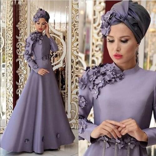 Lilac Satin Flowers Long Sleeve Muslim Evening Dresses High Collar A Line Formal Party Gowns Robe De Soiree