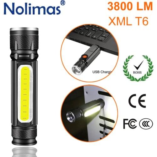 USB Charger LED Flashlight 18650 3800LM Torch 4 Modes Zoomable Tactical T6 COB Magnet Flashlights XML Outdoor Camping Lanterna