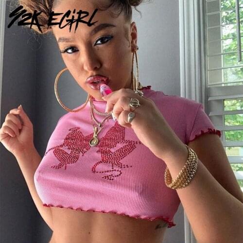 Y2K EGIRL Grunge Rhinestone Graphic Ribbed Ruffles Cropped Tops Punk Style Short Sleeve Hop Pink T-shirts 90s Streetwear Party