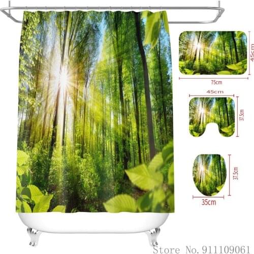Green Forest Natural Scenery Printed Shower Curtain Waterproof Polyester Bathroom Partition Curtain Non-slip Floor Toilet Mat