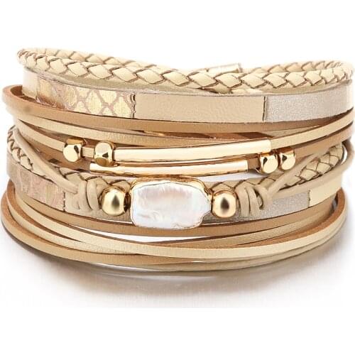 Ladies Pearl Leather Bracelet Multilayer Snakeskin Double Circle Fashion Bangle Jewelry 2020 New Wholesale
