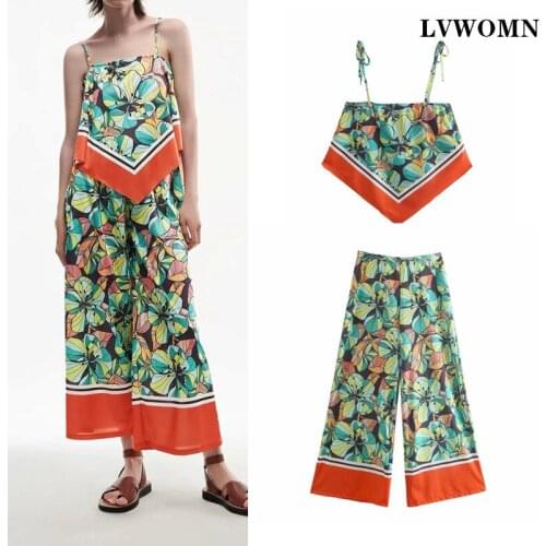 LVWOMN Za Women 2 Piece Set 2021 Summer Sexy Print Bandage Crop Top Woman Blouse + Women Pants High Waist Beach Outfit Sundress